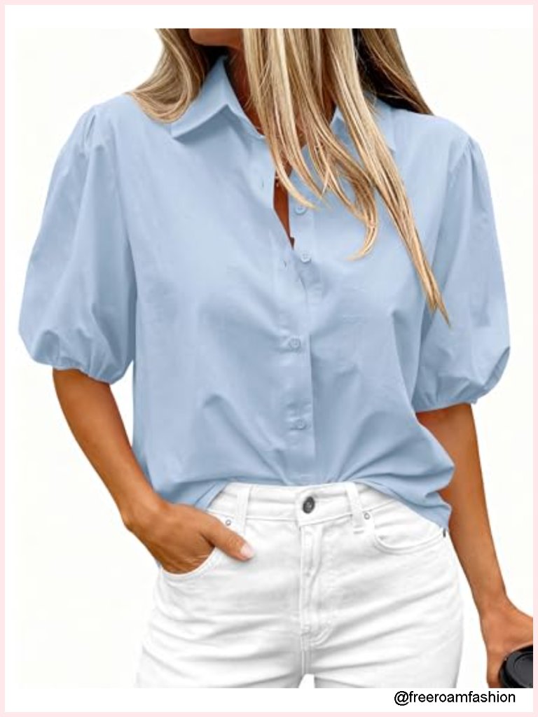 Button Down Short Puff Sleeve V Neck Cotton Blouse Office Work Top
